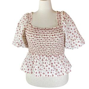 Bohme Peplum Top Smocked Bodice White Red Floral Square‎ Neck Puff Sleeve XL
